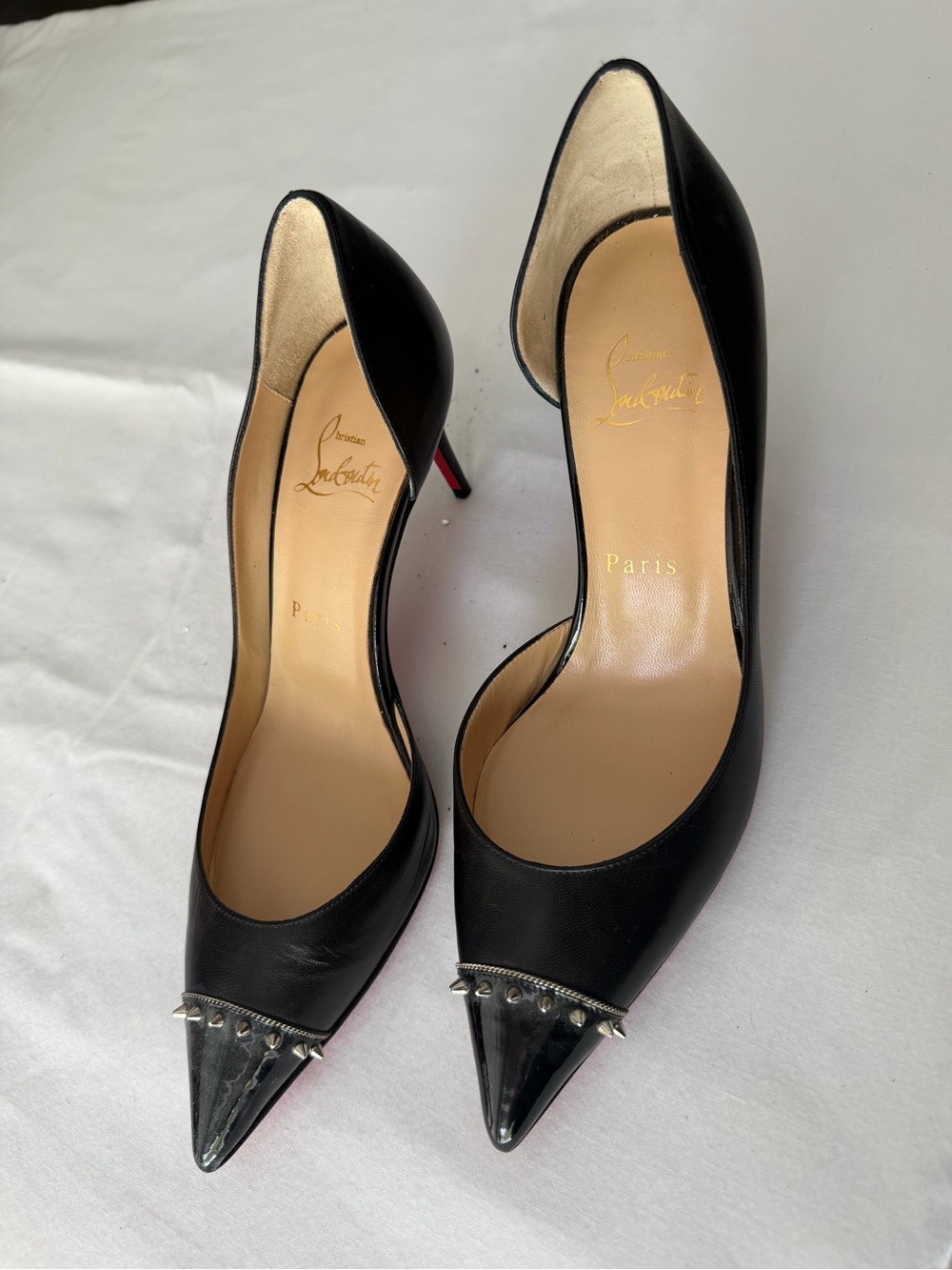 Christian Louboutin Black Leather Pointed Toe Pumps with Metallic Studded Cap